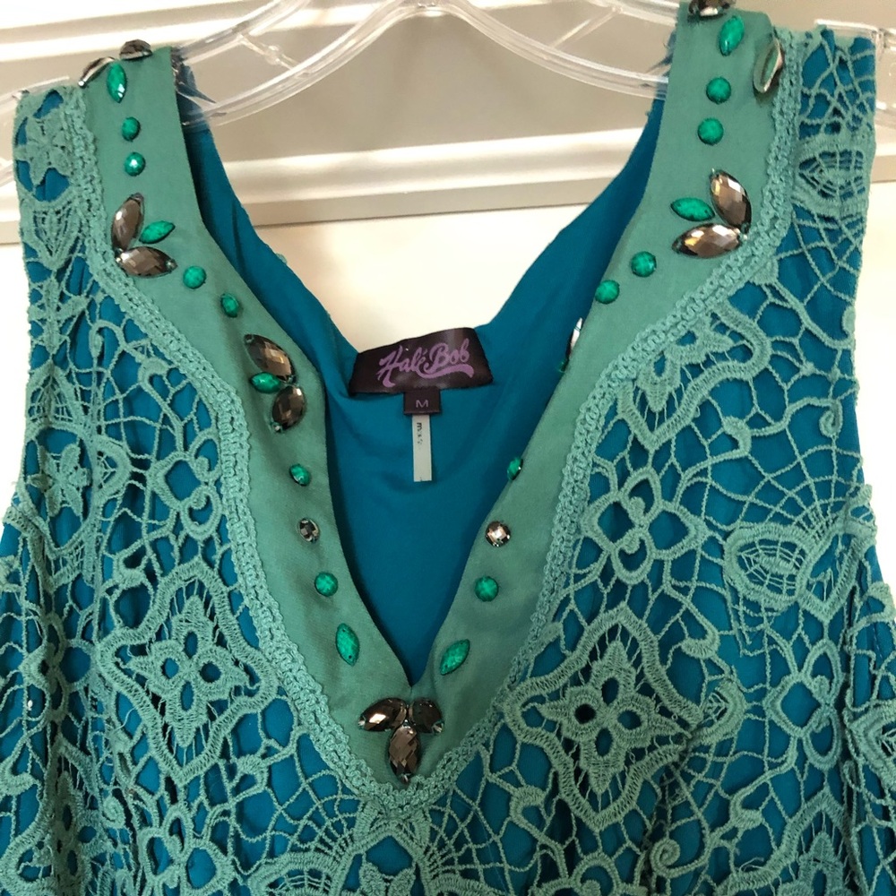 Hale Bob size medium turquoise dress with green crochet lace overlay - Picture 3 of 6